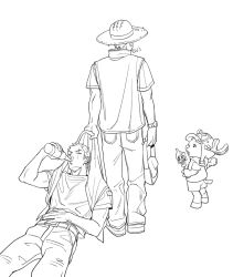 Rule 34 | 3boys, antlers, back, bottle, carrying bag, chinese commentary, commentary request, drinking, earrings, food, greyscale, hat, highres, holding, holding bottle, holding food, horns, jewelry, male focus, monkey d. luffy, monochrome, multiple boys, mush820823, one piece, roronoa zoro, scar, scar across eye, shirt, short sleeves, straw hat, tony tony chopper, watch, wristwatch