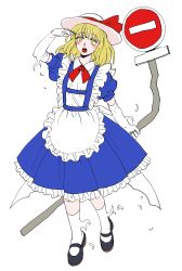 Rule 34 | 1girl, absurdres, apron, ascot, back bow, black footwear, blonde hair, blue dress, blush, bow, collared dress, commentary request, dress, elbow gloves, frilled apron, frilled dress, frills, full body, gloves, hat, hat ribbon, highres, holding, holding sign, kana anaberal, kneehighs, kuya (hey36253625), mary janes, medium hair, open mouth, puffy short sleeves, puffy sleeves, red ascot, red ribbon, ribbon, road sign, shoes, short sleeves, sign, simple background, sketch, socks, sun hat, torn clothes, touhou, touhou (pc-98), waist apron, white apron, white background, white bow, white gloves, white socks, yellow eyes