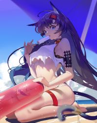 Rule 34 | 1girl, :o, animal ears, arknights, bare shoulders, barefoot, beach, beach umbrella, bikini, black hair, blaze (arknights), blue eyes, blue sky, breasts, cat ears, cat girl, cat tail, day, food, full body, hairband, highres, holding, holding food, innertube, light particles, lld 8, long hair, medium breasts, outdoors, parted lips, popsicle, red hairband, sitting, sky, solo, swim ring, swimsuit, tail, thigh strap, umbrella, underboob, very long hair, wariza, white bikini