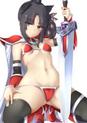 Rule 34 | 1girl, armor, ass, bad id, bad pixiv id, bikini armor, black hair, black thighhighs, blue eyes, breasts, cape, cosplay, elizabeth bathory (brave) (fate), elizabeth bathory (brave) (fate) (cosplay), elizabeth bathory (fate), fate/grand order, fate (series), hat, holding, holding sword, holding weapon, kneeling, long hair, looking at viewer, navel, pinta (ayashii bochi), red armor, shoulder armor, side ponytail, simple background, small breasts, smile, solo, sword, thighhighs, underboob, ushiwakamaru (fate), weapon, white background