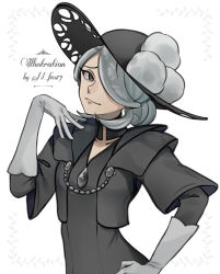 Rule 34 | 1girl, black choker, black dress, black hat, choker, closed mouth, cogita (pokemon), commentary request, creatures (company), dress, echizen (n fns17), game freak, gloves, grey eyes, grey gloves, grey hair, hair over one eye, hand on own hip, hand up, hat, hat ornament, nintendo, pokemon, pokemon legends: arceus, simple background, smile, solo, upper body, white background