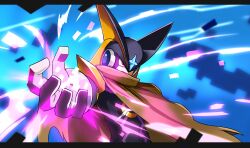 Rule 34 | 1boy, android, bass.exe (mega man), cape, cloak, covered mouth, energy, glowing, glowing hand, helmet, highres, looking to the side, mega man (series), mega man battle network, red eyes, serious, solo, torn cape, torn clothes, zukanosuke