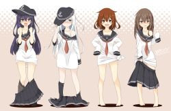Rule 34 | 4girls, :d, akatsuki (kancolle), anchor symbol, barefoot, black hat, black skirt, black socks, blush, brown eyes, brown hair, closed mouth, clothes pull, collarbone, fang, flat cap, folded ponytail, grey hair, hair between eyes, hair down, hair ornament, hairclip, halftone, halftone background, hat, hibiki (kancolle), ikazuchi (kancolle), inazuma (kancolle), kantai collection, kisaragi yuu (re:lucks), kneehighs, long hair, long sleeves, looking at viewer, multiple girls, neckerchief, nose blush, off shoulder, open mouth, oversized clothes, oversized shirt, pantyhose, pantyhose pull, parted lips, pleated skirt, purple eyes, purple hair, red neckerchief, school uniform, serafuku, shirt, short hair, signature, simple background, skirt, skirt pull, sleeves past fingers, sleeves past wrists, smile, socks, standing, tied shirt, translated, very long hair, white shirt