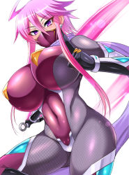 Rule 34 | 1girl, ahoge, bodysuit, breasts, cleavage, covered navel, earrings, elbow gloves, fishnet bodysuit, fishnets, gloves, hand gesture, holding, holding weapon, jewelry, kunai, large breasts, looking at viewer, mouth mask, ninja, ninja mask, nishida megane, original, pink eyes, pink hair, short hair with long locks, skin tight, solo, taimanin suit, thighs, weapon, white background