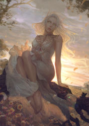 Rule 34 | 1girl, artist name, bare legs, bare shoulders, barefoot, blonde hair, blood elf (warcraft), branch, breasts, chain, cleavage, cloud, dated, day, dress, elf, flower, full body, glowing, glowing eyes, green eyes, highres, ina wong, jewelry, landscape, legs together, long eyebrows, long hair, looking at viewer, medium breasts, nature, no shoes, outdoors, parted lips, pointy ears, signature, sitting, sky, sleeveless, sleeveless dress, solo, sunset, tree, warcraft, world of warcraft