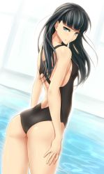 Rule 34 | 1girl, amagami, ass, ayatsuji tsukasa, bad id, bad pixiv id, black hair, blue eyes, competition swimsuit, dutch angle, from behind, long hair, looking at viewer, looking back, lunaticmed, one-piece swimsuit, sajittari, solo, swimsuit, water