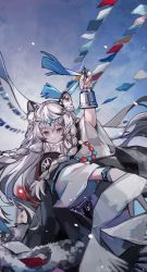 Rule 34 | 1girl, absurdres, animal ears, arknights, bell, black bracelet, black cape, blue sky, braid, cape, dress, grey eyes, grey hair, hand up, highres, holding, holding bell, infection monitor (arknights), jewelry, leopard ears, leopard girl, leopard tail, long hair, mido (mido chen), necklace, outdoors, pramanix (arknights), side braids, sky, solo, string of flags, tail, tiara, upper body, white dress