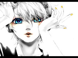 Rule 34 | 1boy, akiakane, arm support, arms up, blue eyes, close-up, eyelashes, face focus, facing viewer, fingernails, hair between eyes, hair over one eye, highres, kagamine len, letterboxed, lips, looking at viewer, male focus, migikata no chou (vocaloid), monochrome, nail polish, portrait, simple background, solo, spot color, vocaloid, white background, yellow nails