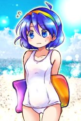 Rule 34 | 1girl, alternate costume, arms behind back, beach, blue eyes, blue hair, blue sky, bodyboard, closed mouth, cloud, commentary, cowboy shot, flying sweatdrops, hairband, horizon, looking at viewer, multicolored hairband, ocean, one-piece swimsuit, outdoors, pote (ptkan), short hair, sky, solo, standing, sweatdrop, swimsuit, tenkyuu chimata, touhou, white one-piece swimsuit