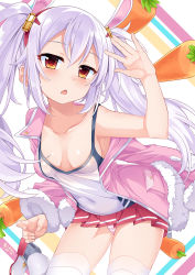 Rule 34 | 1girl, animal ears, azur lane, bare shoulders, blush, breasts, carrot, cleavage, collarbone, covered navel, cowboy shot, downblouse, fingernails, hairband, highres, jacket, laffey (azur lane), leaning forward, light purple hair, long hair, looking at viewer, medium breasts, nekomicha, no bra, off shoulder, open mouth, panties, pantyshot, pink jacket, pleated skirt, skirt, solo, spaghetti strap, standing, striped clothes, striped panties, tareme, thighhighs, twintails, underwear, very long hair, white thighhighs, yellow eyes, zettai ryouiki
