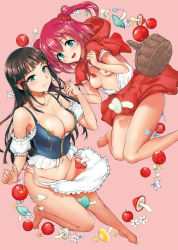 Rule 34 | 2girls, apple, apron, aqua eyes, bare shoulders, barefoot, basket, black hair, blunt bangs, blush, bottomless, bow, breasts, closed mouth, corset, food, frills, fruit, full body, hair bow, highres, holding hands, jumping, kurosawa dia, kurosawa ruby, large breasts, long hair, looking at viewer, love live!, love live! school idol festival, love live! school idol project, love live! sunshine!!, mole, mole under mouth, multiple girls, mushroom, navel, nipples, open clothes, open mouth, open shirt, phallic symbol, pink background, pink hair, scrunchie, sexually suggestive, shijou mako, shirt, short hair, siblings, sisters, smile, textless version, twintails, waist apron