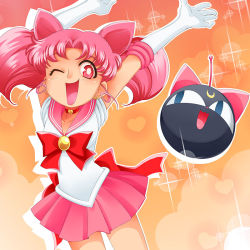 Rule 34 | 1990s (style), 1girl, ;d, arms up, bishoujo senshi sailor moon, chibi usa, cone hair bun, darax, elbow gloves, gloves, hair bun, heart, luna-p, one eye closed, open mouth, pink hair, pink skirt, retro artstyle, sailor chibi moon, skirt, smile, sparkle, twintails, wink
