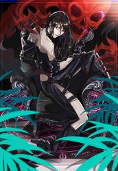 Rule 34 | bare shoulders, black hair, boots, guilty gear, long hair, magic circle, pale skin, red background, red eyes, skirt, skull, solo, straight hair, testament (guilty gear), thigh strap, udakyo