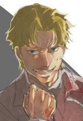 Rule 34 | 1boy, avvo (ekireikirei), baccano!, blonde hair, blood, blood splatter, clenched hand, formal, grin, ladd russo, looking at viewer, male focus, simple background, smile, solo, suit