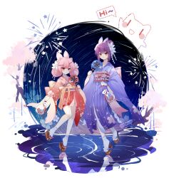 Rule 34 | 2girls, absurdres, animal ears, anqing, bag, bcy, blue kimono, brown footwear, cat ears, cherry blossom print, faux figurine, fireworks, fish, floral print, flower, full body, goldfish, hair bun, hair flower, hair ornament, hand fan, highres, holding, holding bag, holding fan, japanese clothes, kimono, looking at viewer, low twintails, miao jiujiu, multiple girls, night, night sky, okobo, paper fan, pink eyes, pink hair, pouch, purple hair, red kimono, reflection, reflective water, ruan miemie, sandals, shoes, sky, smile, socks, standing, standing on one leg, star trail, tabi, twintails, uchiwa, white background, white footwear, white socks, wide sleeves