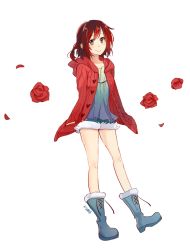 Rule 34 | 1girl, alternate costume, boots, flower, fur-trimmed boots, fur trim, jacket, jacket on shoulders, kuma (bloodycolor), red hair, rose, ruby rose, rwby, grey eyes, smile, solo, white background