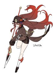 Rule 34 | 1girl, :q, brown coat, brown footwear, brown hair, brown hat, brown shorts, coat, coattails, commentary, dragon&#039;s bane (genshin impact), flower, full body, genshin impact, gradient hair, hair flaps, hat, hat flower, haun, holding, holding polearm, holding weapon, hu tao (genshin impact), long sleeves, looking at viewer, multicolored hair, plum blossoms, polearm, porkpie hat, red eyes, red flower, red hair, shoes, shorts, sidelocks, simple background, smile, socks, solo, spear, symbol-only commentary, talisman, tassel, tongue, tongue out, weapon, white background, white socks