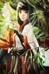 Rule 34 | 1girl, arm warmers, black hair, blunt bangs, branch, brown eyes, closed mouth, cursedapple, expressionless, eyebrows, fence, forest, gohei, hakama, hakama short skirt, hakama skirt, highres, holding, japanese clothes, leaf, lips, long sleeves, looking at viewer, miko, nature, original, outdoors, realistic, red skirt, ryan tien, shinto, short hair, skirt, solo, stick, thick eyebrows, tree, under tree