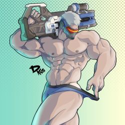 Rule 34 | 1boy, abs, artist name, ass, bara, blue male underwear, briefs, bulge, covered face, dkmate, gun, highres, holding, holding gun, holding weapon, large pectorals, male underwear, male underwear pull, mask, muscular, muscular male, navel, over shoulder, overwatch, overwatch 1, pectorals, pulling own clothes, short hair, soldier: 76 (overwatch), solo, thick thighs, thighs, underwear, weapon, weapon over shoulder, white hair