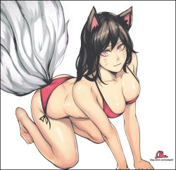 Rule 34 | 1girl, ahri (league of legends), all fours, alternate costume, animal ears, artist name, ass, bare arms, bare legs, bare shoulders, barefoot, bikini, black hair, breasts, cal (pmgdd), collarbone, facial mark, fox ears, fox tail, full body, large breasts, league of legends, long hair, multiple tails, red bikini, side-tie bikini bottom, simple background, slit pupils, smile, solo, swimsuit, tail, whisker markings, white background, yellow eyes