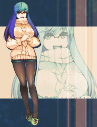 Rule 34 | 1girl, beige sweater, black-framed eyewear, blue hair, breasts, cable knit, contrapposto, full body, glasses, gradient hair, highres, kennymoney, large breasts, long hair, long sleeves, looking at viewer, multicolored hair, open mouth, original, own hands together, pantyhose, semi-rimless eyewear, shorts, smile, solo, standing, sweater, swept bangs, teeth, turtleneck, turtleneck sweater, upper teeth only, yellow eyes, zoom layer