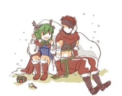 Rule 34 | 1boy, 1girl, antlers, bad id, bad twitter id, bandages, blue eyes, boots, box, brown hair, cape, fingerless gloves, fire emblem, fire emblem: the blazing blade, fire emblem heroes, fur trim, gift, gift box, gloves, green hair, headband, horns, jaffar (fire emblem), knee boots, long sleeves, looking to the side, murabito ba, nino (fire emblem), nintendo, open mouth, pants, red footwear, red gloves, red pants, reindeer antlers, sack, short hair, simple background, sitting, skirt, white background, white skirt