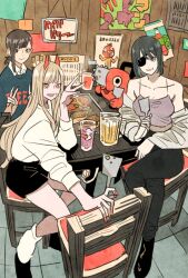 Rule 34 | 3girls, alcohol, alternate costume, asymmetrical hair, beer, beer mug, black eyes, black footwear, black hair, black pants, black shorts, blonde hair, blue sweater, breasts, brown hair, camisole, casual, chainsaw man, chair, cleavage, closed mouth, collarbone, collared shirt, commentary, cooking, cross-shaped pupils, crossed legs, cup, demon horns, double v, eyelashes, eyepatch, flat chest, food, food on face, full body, grin, hair ornament, hairclip, higashiyama kobeni, highres, himeno (chainsaw man), holding, holding spatula, horns, jacket, long hair, long sleeves, looking at viewer, medium breasts, midriff, mole, mole under eye, mole under mouth, mug, multiple girls, nail polish, off shoulder, okonomiyaki, one eye covered, open clothes, open jacket, pants, parted lips, pochita (chainsaw man), poster (object), power (chainsaw man), purple camisole, red nails, restaurant, sharp teeth, shirt, shirt tucked in, shoes, short hair, short ponytail, short shorts, shorts, sitting, smile, socks, spatula, steam, sweater, symbol-shaped pupils, table, takeuchi ryousuke, teeth, tile floor, tiles, tomato devil (chainsaw man), v, white jacket, white shirt, white socks, wing collar, yellow eyes