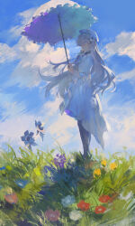 Rule 34 | 1girl, absurdres, ascot, beret, blue eyes, blue flower, blue hair, blue sky, chinese commentary, cloud, cloudy sky, commentary request, day, dress, familiar, floating hair, flower, frilled sleeves, frills, from side, full body, grass, grey hair, hair over one eye, hat, high-low skirt, highres, holding, holding umbrella, isekai joucho, kamitsubaki studio, light smile, long hair, looking at viewer, looking to the side, multicolored hair, outdoors, painterly, parasol, purple flower, red flower, sidelighting, sky, sleeves past elbows, solo, standing, streaked hair, two-handed, umbrella, walluka, white dress, white hat, yellow flower