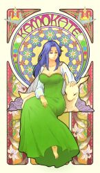 Rule 34 | 1girl, art nouveau, barefoot, blue eyes, blue hair, border, breasts, character request, cleavage, collarbone, crown, feathers, flower, forehead, kanmuri wo motsu kami no te, large breasts, light smile, lily (flower), parted bangs, petting, sheep, white border, white flower, white sleeves, yokunaiiii