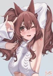 Rule 34 | 1girl, ;d, absurdres, angelina (arknights), animal ears, arknights, armpits, arms up, bare shoulders, blush, breasts, brown eyes, brown hair, commentary, detached sleeves, fang, fourtwelve, fox ears, grey background, hair between eyes, highres, large breasts, long hair, long sleeves, looking at viewer, one eye closed, open mouth, sideboob, skin fang, smile, solo, twintails, upper body