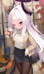 Rule 34 | 1girl, ;), absurdres, ahoge, alternate costume, black skirt, blue archive, blush, brown coat, brown pantyhose, casual, coat, cup, demon horns, disposable cup, falling leaves, grey hair, halo, highres, hina (blue archive), holding, holding cup, horns, jixo (user nzhc8728), leaf, long sleeves, looking at viewer, mannequin, one eye closed, outdoors, pantyhose, parted bangs, purple eyes, round eyewear, skirt, smile, solo, steam, sweater, white sweater