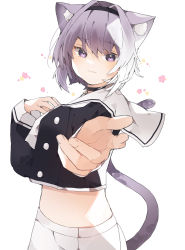 Rule 34 | 1girl, absurdres, animal ear fluff, animal ears, black collar, black shirt, breasts, cat ears, cat tail, closed mouth, collar, commentary, cowboy shot, cropped shirt, flower, hair between eyes, hairband, higa (gominami), highres, hololive, light purple hair, light smile, long sleeves, looking at viewer, medium breasts, midriff, nekomata okayu, nekomata okayu (casual), outstretched hand, pants, purple eyes, purple hair, reaching, reaching towards viewer, sailor collar, shirt, short hair, simple background, smile, solo, tail, virtual youtuber, white background, white neckwear, white pants