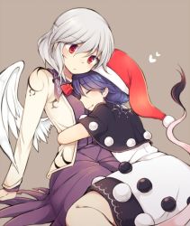 Rule 34 | 2girls, blue hair, breasts, capelet, doremy sweet, closed eyes, face to breasts, feathered wings, grey hair, hat, heart, hug, jacket, kishin sagume, long sleeves, medium breasts, multiple girls, nightcap, open clothes, open jacket, pom pom (clothes), purple skirt, red eyes, simple background, single wing, sitting, skirt, small breasts, tail, tama (soon32281), tapir tail, touhou, white wings, wings, yuri