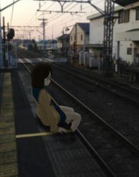Rule 34 | 1girl, absurdres, arm support, artist request, black eyes, black hair, building, cable, highres, house, looking down, original, outdoors, overhead line, photo background, power lines, railroad tracks, realistic, scenery, school uniform, serafuku, sitting, skirt, sky, solo, supodorichan, tactile paving, train station, utility pole, vanishing point
