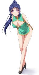Rule 34 | 10s, 1girl, arms behind back, bare legs, bare shoulders, blue hair, blush, breasts, china dress, chinese clothes, cleavage, cleavage cutout, closed mouth, clothing cutout, commentary request, dress, full body, high heels, high ponytail, highres, large breasts, leaning forward, long hair, looking at viewer, love live!, love live! sunshine!!, matsuura kanan, ponytail, purple eyes, shiny skin, side slit, simple background, sleeveless, smile, solo, standing, white background, yopparai oni