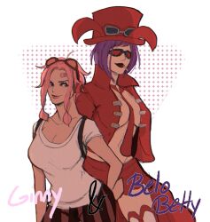 Rule 34 | 2girls, bandaid, bandaid on face, belo betty, bob cut, character name, cigarette, commentary, cowboy shot, dr000mi, eyewear on head, freckles, ginny (one piece), goggles, goggles on headwear, hand on own hip, hat, headphones, highres, jacket, low-tied sidelocks, multiple girls, necktie, one piece, open clothes, open jacket, pink hair, purple hair, red-tinted eyewear, red hat, red jacket, red necktie, red skirt, shirt, short hair, sidelocks, skirt, smile, sunglasses, symbol-only commentary, t-shirt, tinted eyewear, white shirt