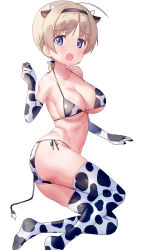 Rule 34 | 1girl, ahoge, animal ears, animal print, ass, bikini, blue eyes, blush, breasts, brown hair, cleavage, cow ears, cow girl, cow horns, cow print, cow tail, elbow gloves, fake animal ears, fake horns, fake tail, gloves, highres, horns, large breasts, looking at viewer, lynette bishop, mejina, navel, open mouth, simple background, smile, solo, strike witches, swimsuit, tail, thighhighs, white background, world witches series