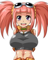 Rule 34 | 00s, 1girl, arms behind back, blush, breasts, choker, climax entertainment, dinosaur king, female focus, goggles, jacket, jewelry, kitsune-tsuki (getter), large breasts, midriff, navel, necklace, open mouth, pink hair, purple eyes, sega, shirt, simple background, solo, tatsuno malm, taut clothes, taut shirt, twintails, white background