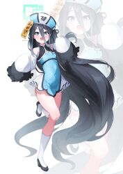 Rule 34 | 1girl, absurdly long hair, absurdres, alternate costume, aris (blue archive), black footwear, black hair, blue archive, bright pupils, china dress, chinese clothes, collarbone, commentary, covered navel, detached sleeves, dress, fang, frilled sleeves, frills, full body, hair between eyes, halo, hat, highres, jiangshi costume, long hair, long hair between eyes, looking at viewer, one side up, open mouth, qingdai guanmao, ringed eyes, sleeves past fingers, sleeves past wrists, socks, solo, standing, taiyaki12, talisman, thighs, twitter username, very long hair, white pupils, white socks