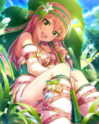 Rule 34 | 10s, 1girl, alternate hairstyle, artist request, blush, detached sleeves, earrings, eyelashes, fingernails, grass, headband, idolmaster, idolmaster cinderella girls, jewelry, jougasaki mika, leaf, long fingernails, long hair, looking at viewer, nail polish, official art, open mouth, pink hair, pink nails, smile, solo, sunlight, yellow eyes
