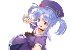Rule 34 | 1girl, blue hair, choker, dress, frills, hand up, hat, hat ornament, kurobane alice, looking at viewer, necktie, open mouth, ponzu (catponz), purple dress, purple eyes, reaching, reaching towards viewer, sailor collar, shadowverse, short sleeves, simple background, smile, solo, twintails, v, white background