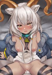 Rule 34 | 1boy, 1girl, absurdres, animal ears, arknights, beeswax (arknights), between breasts, black collar, black jacket, blush, breasts, breasts out, censored, clothes between breasts, clothes pull, collar, cowboy shot, cum, cum in pussy, daram (shappydude), dark-skinned female, dark skin, goat ears, goat girl, goat horns, grey hair, groin, hetero, highres, horns, infection monitor (arknights), jacket, long hair, looking at viewer, low-tied long hair, low twintails, medium breasts, mosaic censoring, nipples, off shoulder, open clothes, open jacket, open mouth, penis, pov, pussy, pussy juice, sex, shirt, shirt pull, solo focus, sweat, thigh strap, twintails, vaginal, white shirt