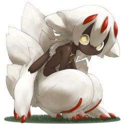 Rule 34 | 1girl, black skin, claws, colored skin, dark-skinned female, dark skin, extra arms, faputa, female focus, fur, grass, looking at viewer, made in abyss, monster girl, multiple tails, ria2067, simple background, solo, squatting, tail, very dark skin, white background, white fur, white hair, yellow eyes