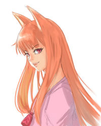 Rule 34 | 1girl, a ichiro, animal ears, holo, long hair, looking at viewer, open mouth, orange hair, pink shirt, red eyes, shirt, simple background, smile, solo, spice and wolf, upper body, white background, wolf ears, wolf girl