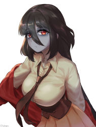 Rule 34 | 1girl, artist name, bandages, black hair, blue skin, breasts, chamame, closed mouth, collared shirt, colored skin, hair between eyes, highres, jacket, jacket partially removed, large breasts, long hair, looking at viewer, necktie, pleated skirt, red eyes, red jacket, shirt, simple background, skirt, solo, twitter username, very long hair, white background, white shirt, yamada tae, zombie, zombie land saga