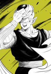 Rule 34 | 1boy, antennae, collarbone, dougi, dragon ball, fangs, green background, greyscale with colored background, highres, piccolo, pointy ears, removing cape, removing headwear, sekitsuki hayato, shirt, sleeveless, sleeveless shirt, solo, upper body
