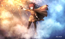 Rule 34 | &gt;:/, 1girl, :/, ahoge, ankle boots, artist name, battlefield (series), battlefield 1, black pantyhose, boots, brown footwear, brown gloves, brown hair, brown skirt, explosive, folded ponytail, gloves, grenade, gun, handgun, healther, highres, holding, holding gun, holding weapon, huge ahoge, mauser c96, outstretched arm, pantyhose, pistol, pleated skirt, skirt, spikes, standing, tsurime, uniform, v-shaped eyebrows, weapon