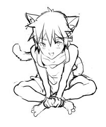 Rule 34 | 1boy, animal ears, barefoot, blush, cat boy, cat ears, cat tail, coin rand, fang, full body, greyscale, male focus, monochrome, open mouth, original, short hair, simple background, sitting, sketch, solo, tail, white background