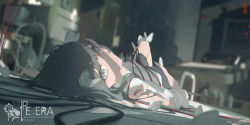 Rule 34 | 1girl, black hair, black skirt, blurry, blurry background, bug, butterfly, closed mouth, commentary, crying, crying with eyes open, grey eyes, highres, insect, looking at viewer, lying, on back, original, pleated skirt, plug, shirt, skirt, tears, void 0, white butterfly, white shirt
