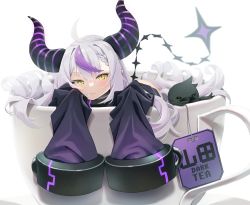 Rule 34 | 1girl, absurdres, agnamore, ahoge, animal, bird, black dress, braid, closed mouth, commentary request, crow, crow (la+ darknesss), cup, demon horns, dress, english text, green eyes, grey hair, hair between eyes, highres, hololive, holox, horns, la+ darknesss, long hair, long sleeves, looking at viewer, multicolored hair, pointy ears, purple hair, simple background, sleeves past fingers, sleeves past wrists, solo, streaked hair, striped horns, teacup, very long hair, virtual youtuber, white background, yellow eyes